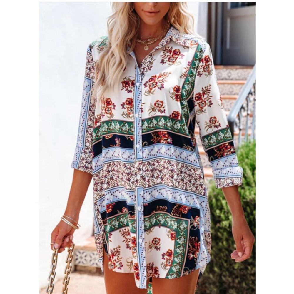 VICI Rochester Printed‎ Satin Button Down Tunic Top Mini Shirt Dress Size S